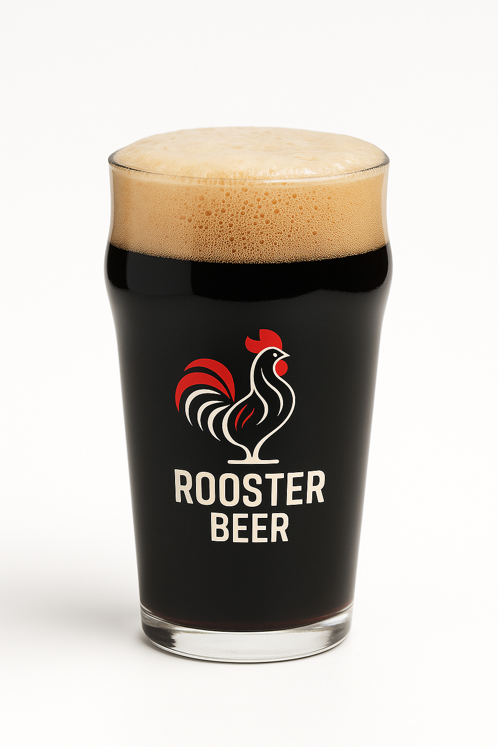Rooster Beer dark beer in a white glass