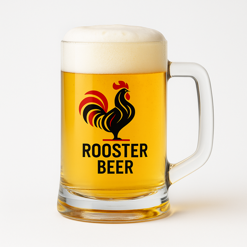 Rooster Beer light lager in a glass mug